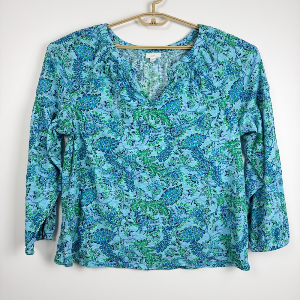 J. Jill Blue Green Paisley Floral Cotton Modal Split Neck Top Large